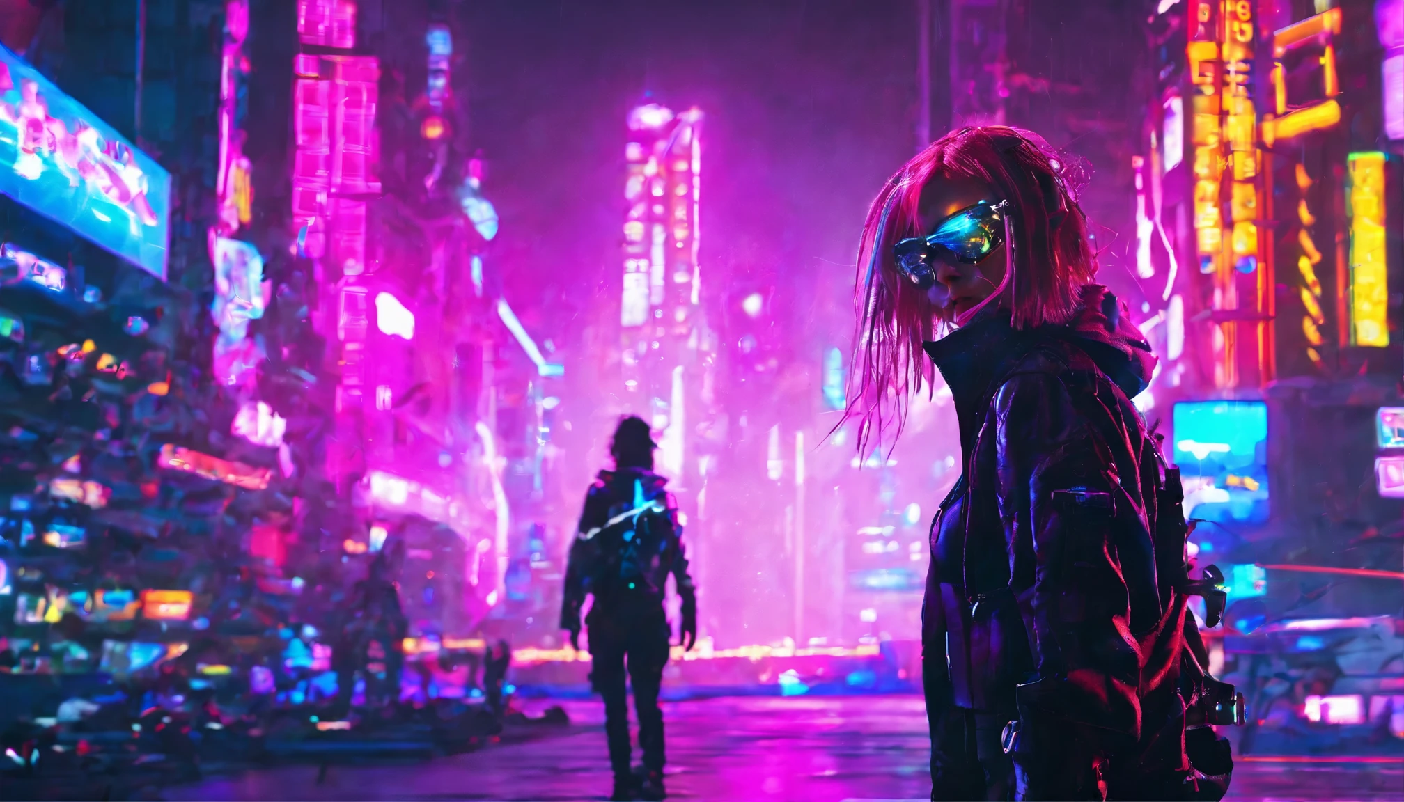 The cybernetic enhancements you have are not just for show: son tu salvavidas en este mundo peligroso.. Con tu fuerza mejorada, velocidad, y agilidad, You must navigate through the darkest part of the city and face its most dangerous criminals. will you survive?, Or will you become another victim of the cyberpunk neon world?? Girl&#39;s hair with neon colors Highlights with bright colorsTeller. camera model: sony a9ii. Camera Parameters: shutter speed 1/200, Mezcla F4.5, ISO 800. lighting style: luz de la calle. Palabras elegantes: hard, liso,  futurista