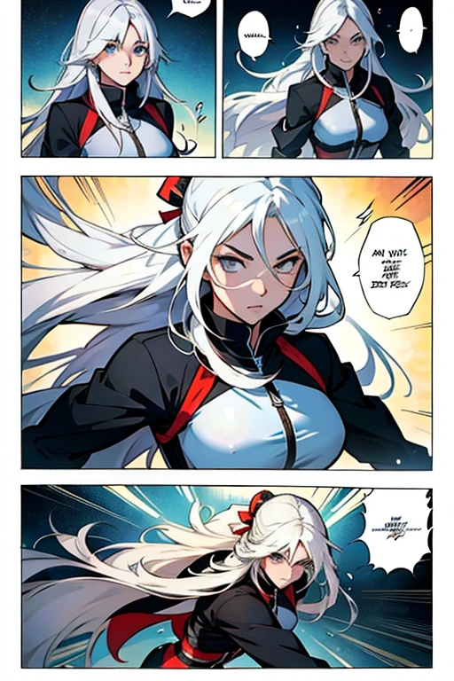 Girl with long white hair in fighting a girl, manga page with panels and dialogue 