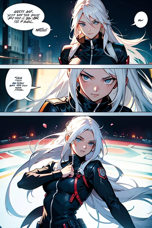 Girl with long white hair in fighting a girl, manga page with panels and dialogue