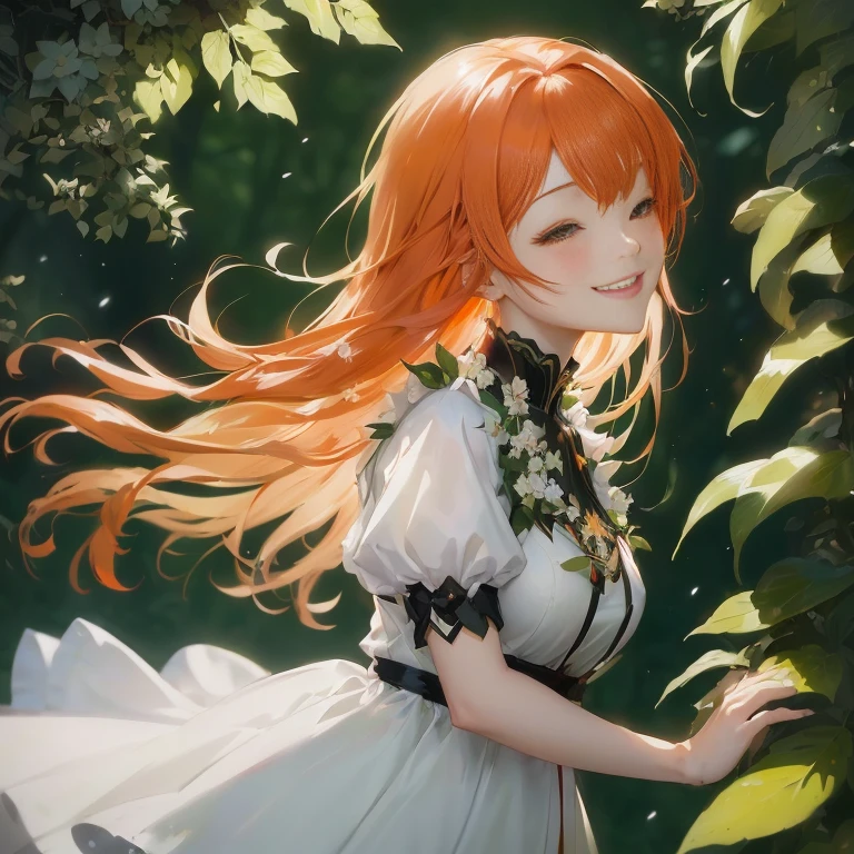 anime girl with long red hair and white dress standing in front of a bush, guweiz on pixiv artstation, a maid in a magical forest, guweiz on artstation pixiv, painted in anime painter studio, rin, smiling as a queen of fairies, beautiful anime portrait, guweiz, cunning smile, anime lush john 8k woods