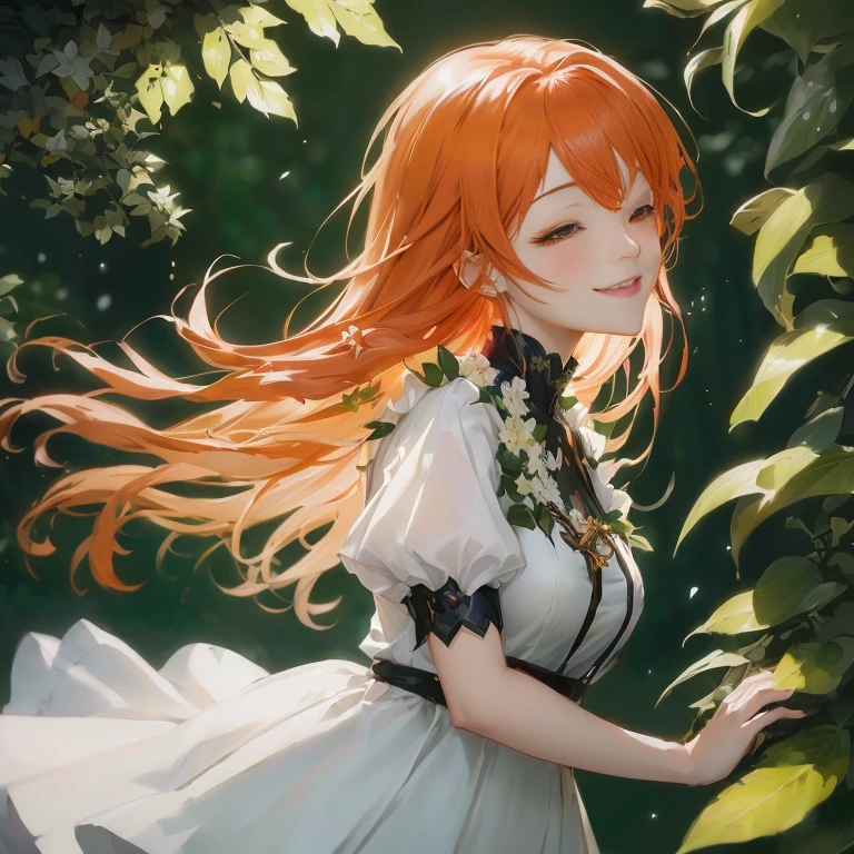 anime girl with long red hair and white dress standing in front of a bush, guweiz on pixiv artstation, a maid in a magical forest, guweiz on artstation pixiv, painted in anime painter studio, rin, smiling as a queen of fairies, beautiful anime portrait, guweiz, cunning smile, anime lush john 8k woods