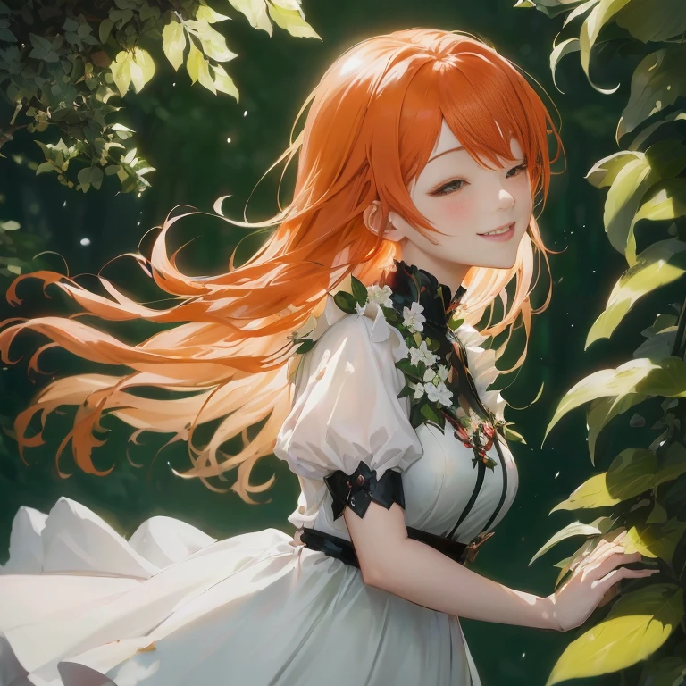 anime girl with long red hair and white dress standing in front of a bush, guweiz on pixiv artstation, a maid in a magical forest, guweiz on artstation pixiv, painted in anime painter studio, rin, smiling as a queen of fairies, beautiful anime portrait, guweiz, cunning smile, anime lush john 8k woods