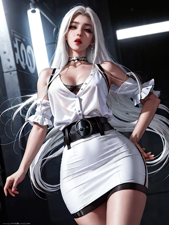 Fotorrealista, high resolution, luzes suaves, 1 mulheres, Sozinho, Quadris para cima, olhos azuis, cabelo branco, cabelo longo, Close your lips, camisa de colarinho, gravata preta,Saia preta, pencil skirt, casaco de pele, meias