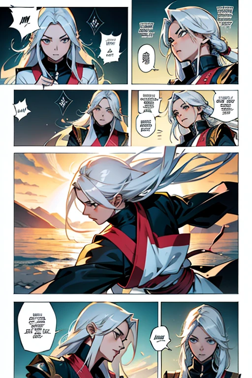 Girl with long white hair in fighting a grandmaster, manga page with panels and dialogue