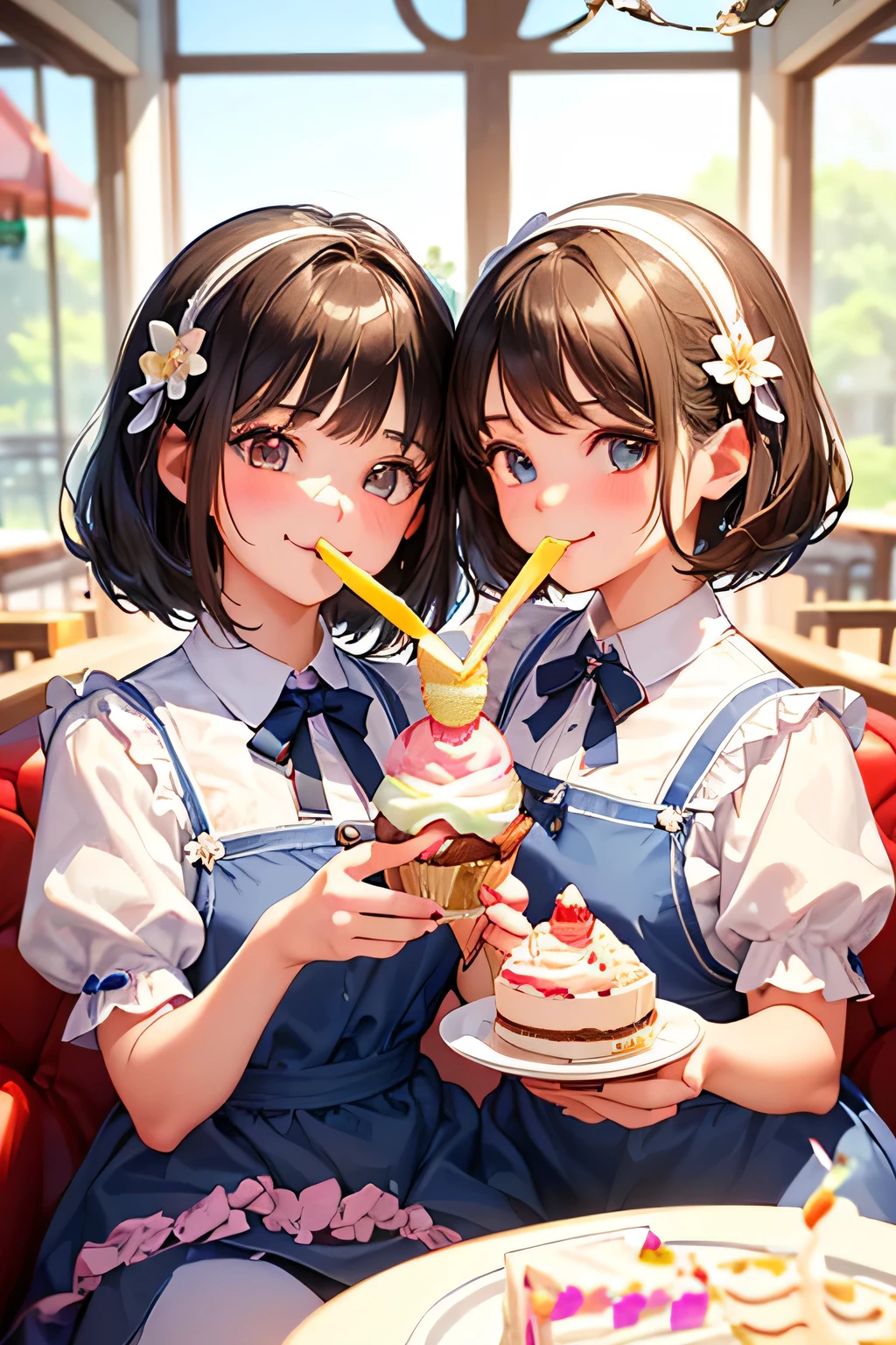 highest quality、High resolution、Detailed Background、(Beautiful face in every detail:1.4)、Anatomically correct、(Detailed facial expressions)、(Detailed eyes:1.2)、(Detailed eyes:1.2)、Teenage beauty、(Three Women)、(Highly detailed face:1.4)、cute hair color、Braided bob cut、Braided Ponytail、cute hairstyle、well-groomed eyebrows、Happy expression、A big smile、laughing、smile、A fun atmosphere、Cowboy Shot、Show upper body、
(Two girls eating ice cream and cake in a cute cafe:1.5)、
Ruffled or lace blouses、Bowtie camisole、flare skirt、Culottes with ribbon、Ribbon and flower motif hair accessories、
Choose sweet colors and designs、A neat and cute atmosphere、cute