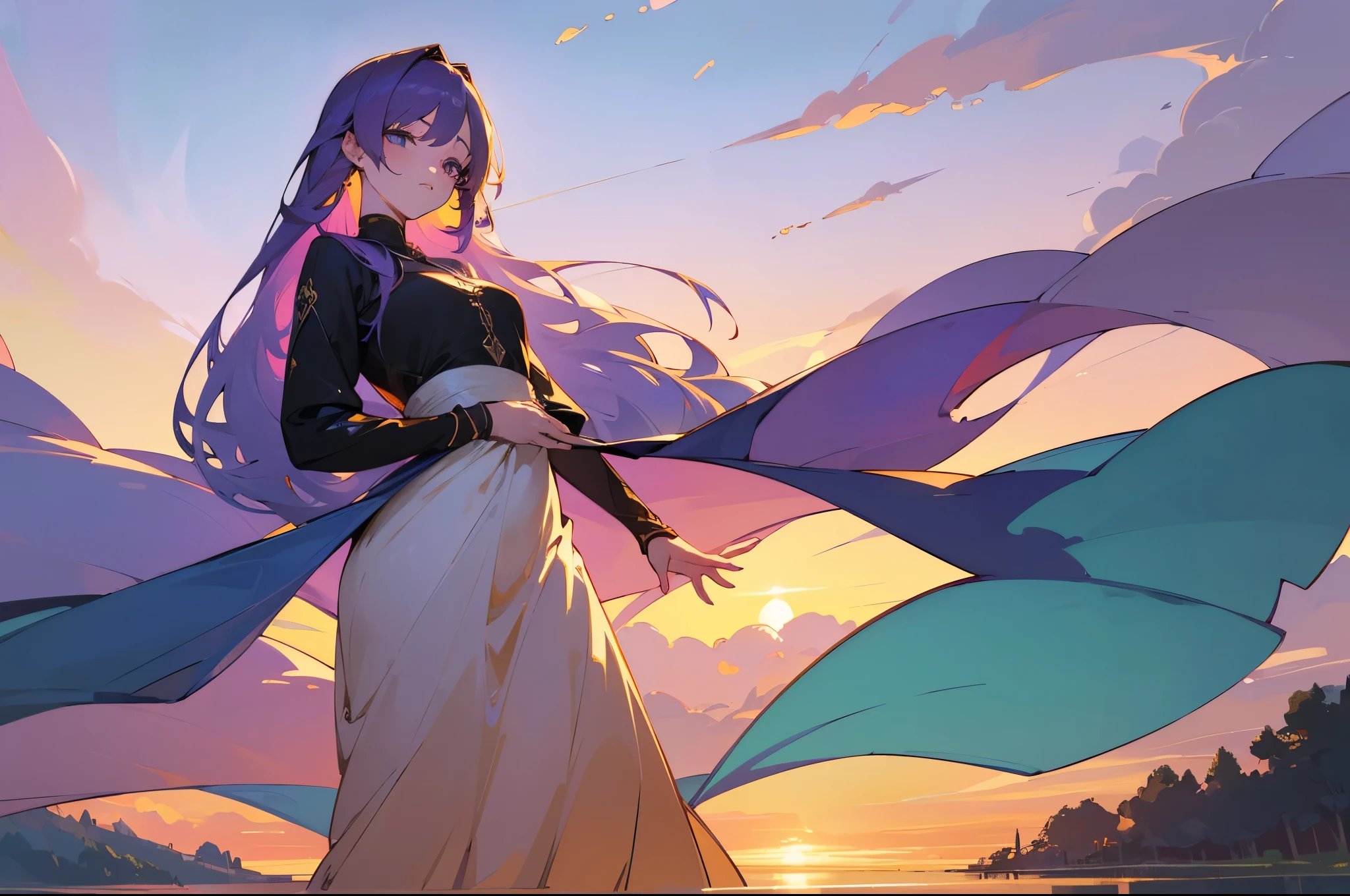 (best quality,4k,8k,highres,masterpiece:1.4), ultra-detailed, masterpiece landscape, beautiful detailed eyes, an elegant pose, violet hair, a girl with beautiful eyes, revealing outfit, sunset background, bottom view, beautiful anime girl, long dress fluttered in the wind, in motion, in flight, falling, joyful, cute anime girl, smooth anime art, elegant colors, soft lighting, delicate beautiful sensitive eyes, very coquettish, beautiful breast, (correct hands:1.2), view from the bottom