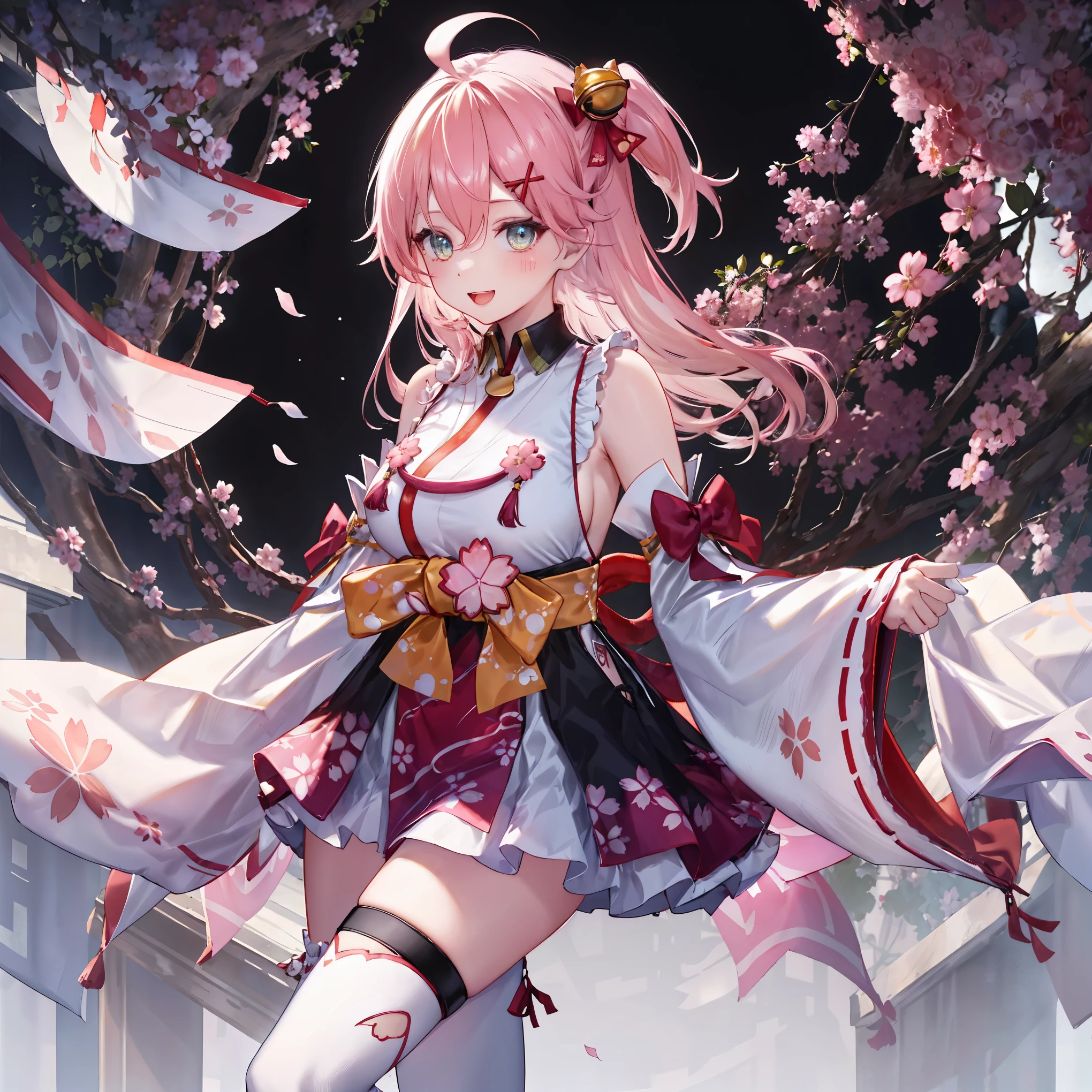 masterpiece, best quality, highres, miko1, sakura_miko, 1girl, big_boobs, solo, ahoge, x_hair_ornament, pink_hair, floral print, hairclip,(side_less_clothes:1.5), (side_boobs:1.5), hair_bell, floral print, long_hair, hair between eyes, one side up, white thighhighs, asymmetrical legwear, wide sleeves, open_mouth,(happy:1.3),gleen_eyes,big_smile,(rise_leg:1.3),plump,apart_legs,(overly_long_sleeves:1.3),),sleeves_past_wrists,hands_hidden_sleeves,sidelock_clothes,dynamic_posing,solo,hidden_wrists,(XD:1.4),covered_nipples,sunlight,cherryblossom_background,