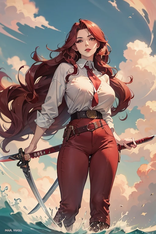 A large breasted redhead holding a sword behind her back, wide hips, thin waist, beautiful full red lips, lush wavy hair, long torpedo shaped tits, brown pants, loose whiye shirt