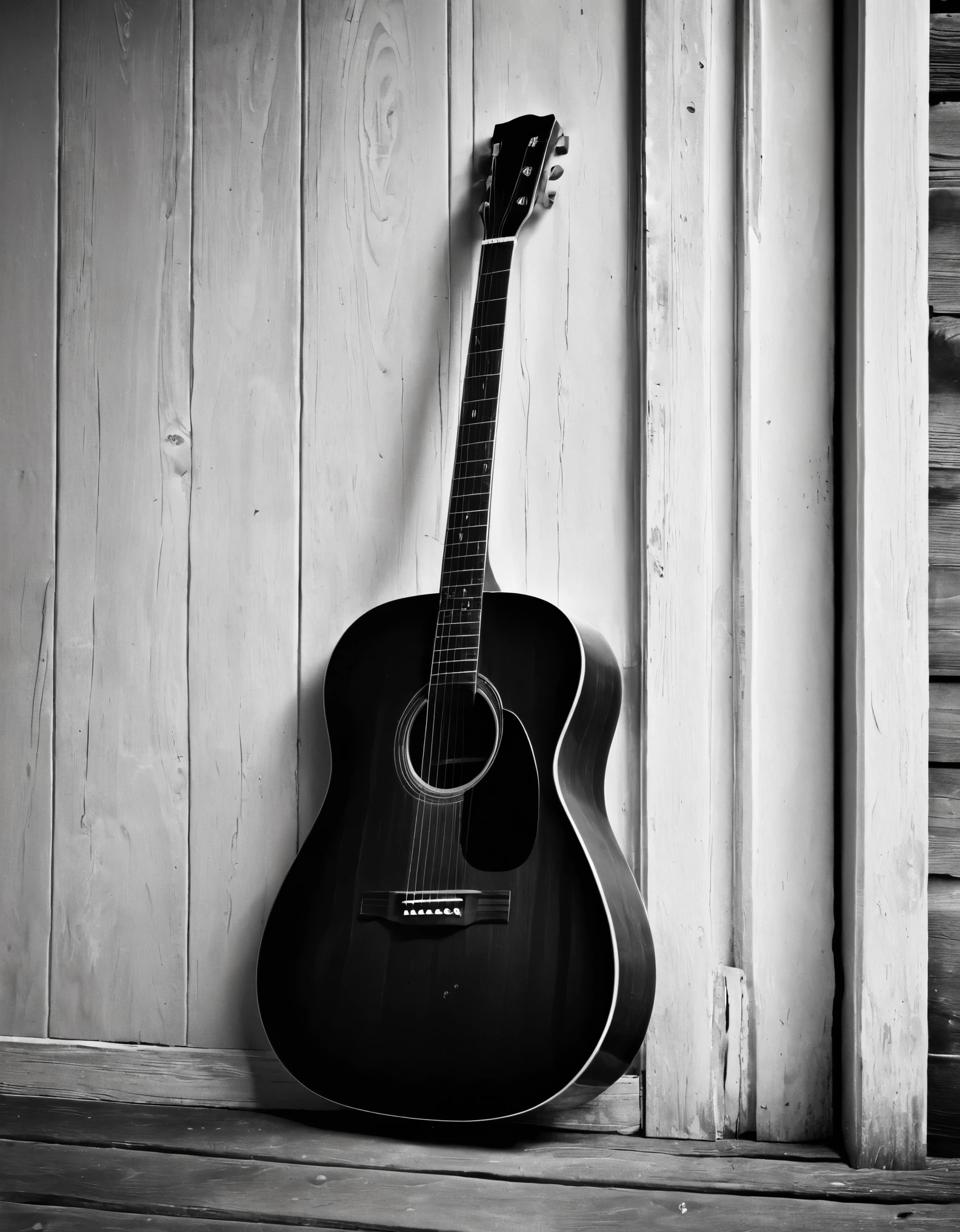 a black and white photograph of an acoustic guitar leaning against an old, textured wooden door. The guitar should be positioned slightly to the right of the center, with its body and strings prominently visible. The door behind it should have a vintage look, with panels and a visible door knob and keyhole on the right side. The scene should evoke a rustic and nostalgic atmosphere, emphasizing the grain and weathered appearance of the wood. The lighting should cast soft shadows, enhancing the texture and details of both the guitar and the door. The overall composition should be vertical, capturing the full height of the guitar and part of the wooden floor beneath it.