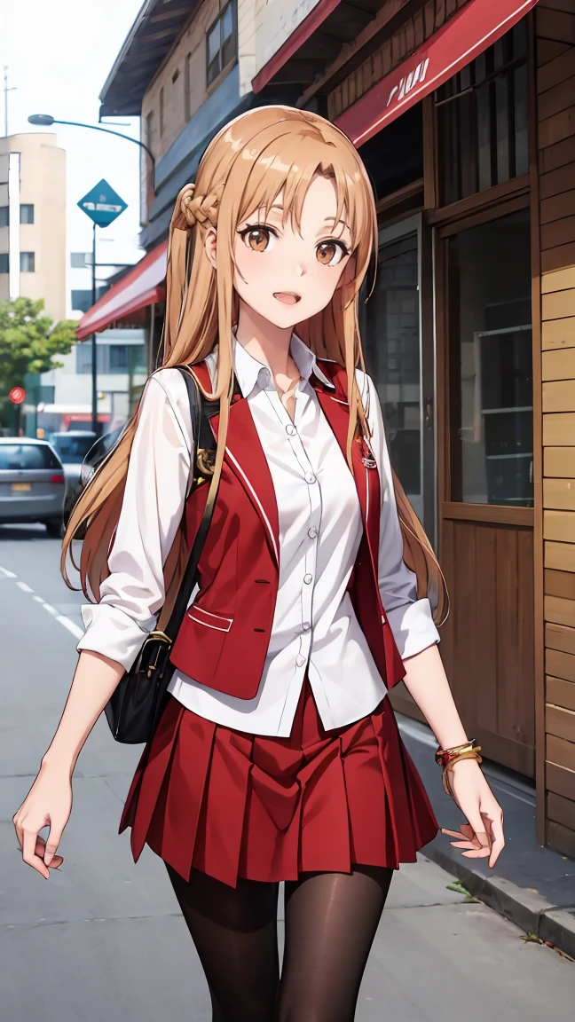 masutepiece, Best Quality, hight resolution, Yuuki Asuna, Long hair, Brown hair, braid, Brown eyes,White shirt,red skirt, black pantyhose,cowboy shot,Pleated skirt,red vest,close mouth,light smile, Town,city,fantasy,walking