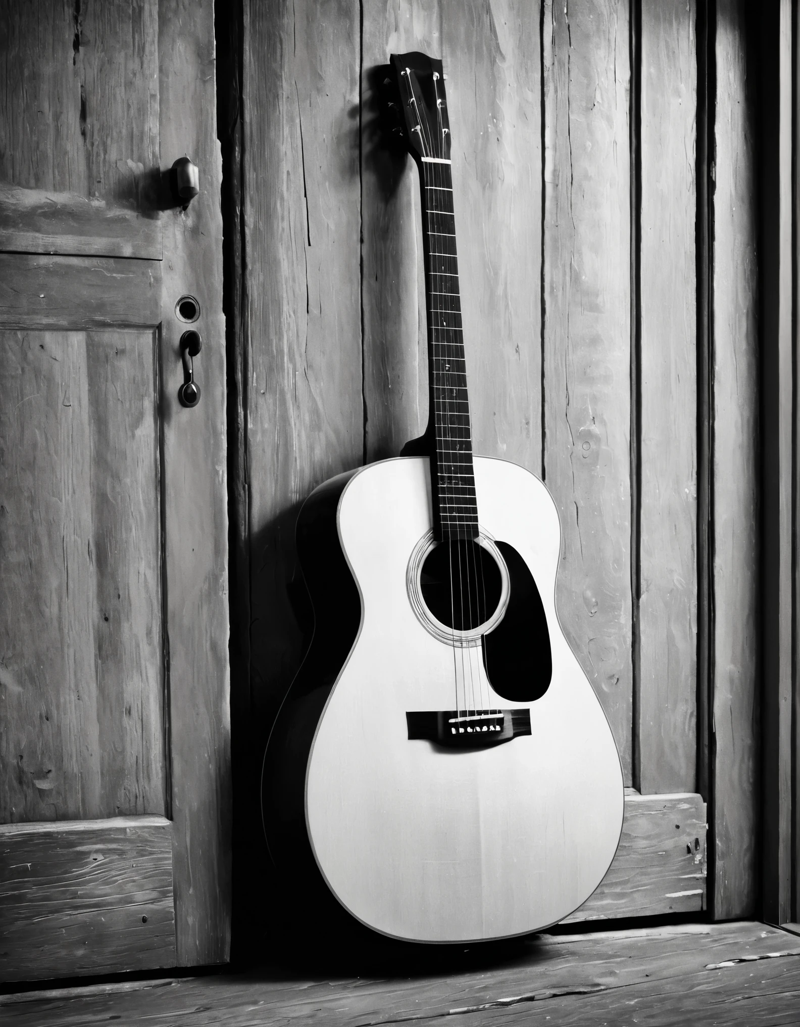 a black and white photograph of an acoustic guitar leaning against an old, textured wooden door. The guitar should be positioned slightly to the right of the center, with its body and strings prominently visible. The door behind it should have a vintage look, with panels and a visible door knob and keyhole on the right side. The scene should evoke a rustic and nostalgic atmosphere, emphasizing the grain and weathered appearance of the wood. The lighting should cast soft shadows, enhancing the texture and details of both the guitar and the door. The overall composition should be vertical, capturing the full height of the guitar and part of the wooden floor beneath it.