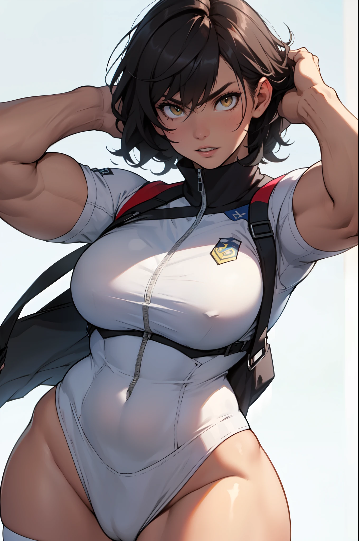 gray background a young woman black hair yellow eyes very long hair pale skin angry (bodybuilder huge breasts muscular body toned wide hips curvy thick thighs) (((uniforme escolar))) (((uniforme escolar))) (((uniforme escolar))) (((uniforme escolar con escote abierto))) (((showing naked breasts))) (((uniforme escolar))) (((uniforme escolar))) (((uniforme escolar))) (((uniforme escolar)))