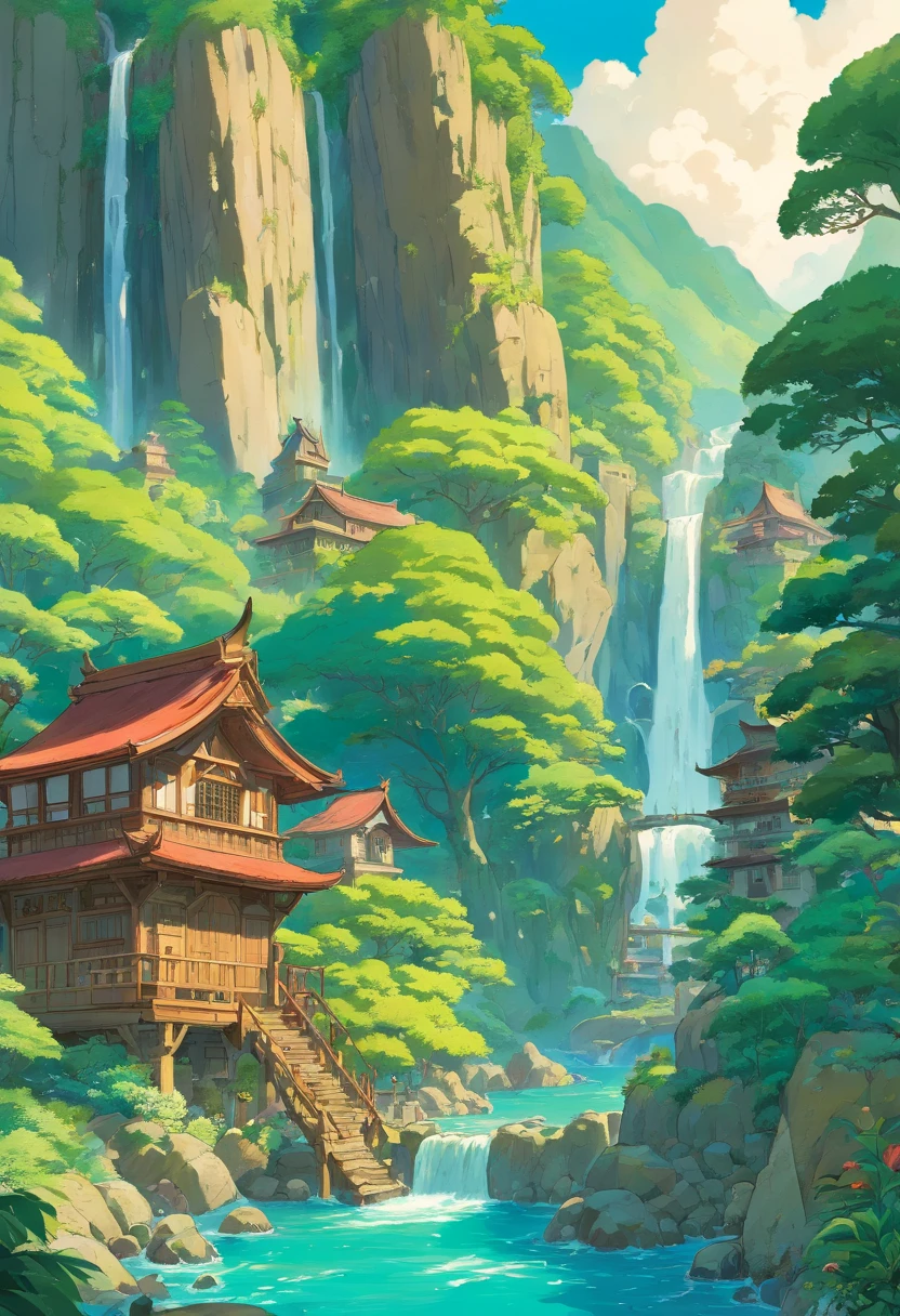 Japanese comic with panels showing an elven kingdom and several houses, tudo situado em um lugar de clima tropical, full of trees and a waterfall and further in the distance, uma casa com um grande jardim, close to mountains too. The houses are made in rustic architecture. There are several natural landscapes and an elf at the end inside a laboratory full of books, plantas...