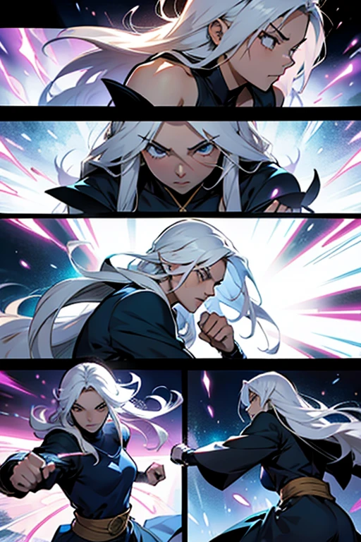 Girl with long white hair punching while using magic to fight, manga page with panels and dialogue