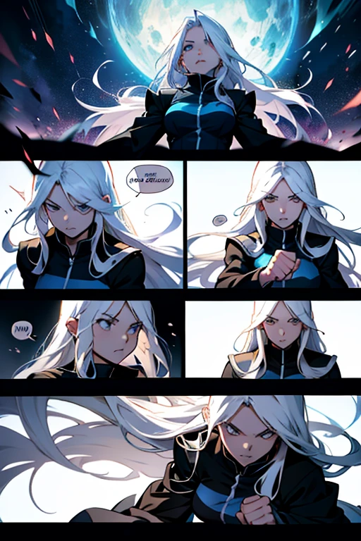 Girl with long white hair punching while using magic to fight, manga page with panels and dialogue