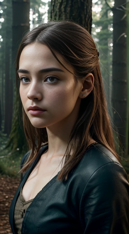 Surreal close-up photos of Willa Fitzgerald, Create a dystopian masterpiece. Witcherとして, movie「Witcher」A scene of, Witcher風の衣装を着た人物, In the woods, Beautiful woman, skinny, Small breasts, Straight brown hair, Detailed face, Photo taken from a distance, 20 years old and teary-eyed
