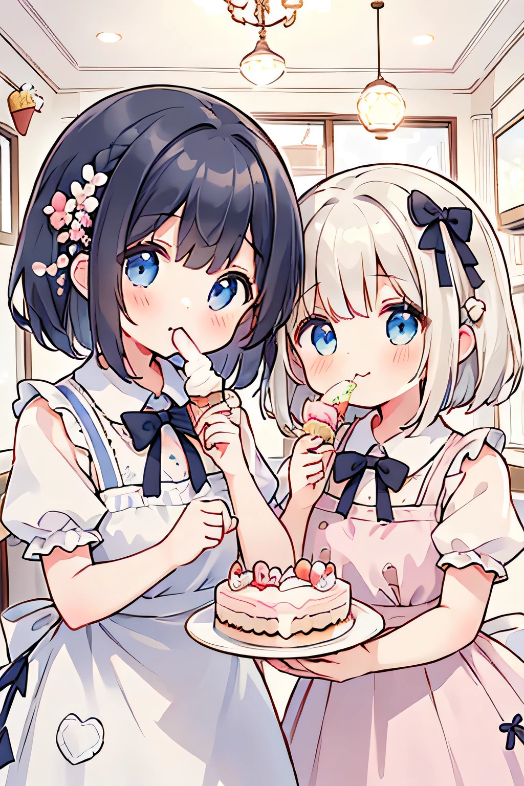 highest quality、High resolution、Detailed Background、(Beautiful face in every detail:1.4)、Anatomically correct、(Detailed facial expressions)、(Detailed eyes:1.2)、(Detailed eyes:1.2)、age beauty、(Three Women)、(Highly detailed face:1.4)、cute hair color、Braided bob cut、Braided Ponytail、cute hairstyle、well-groomed eyebrows、Happy expression、A big smile、laughing、smile、A fun atmosphere、Cowboy Shot、Show upper body、
(Two girls eating ice cream and cake in a cute cafe:1.5)、
Ruffled or lace blouses、Bowtie camisole、flare skirt、Culottes with ribbon、Ribbon and flower motif hair accessories、
Choose sweet colors and designs、A neat and cute atmosphere、cute