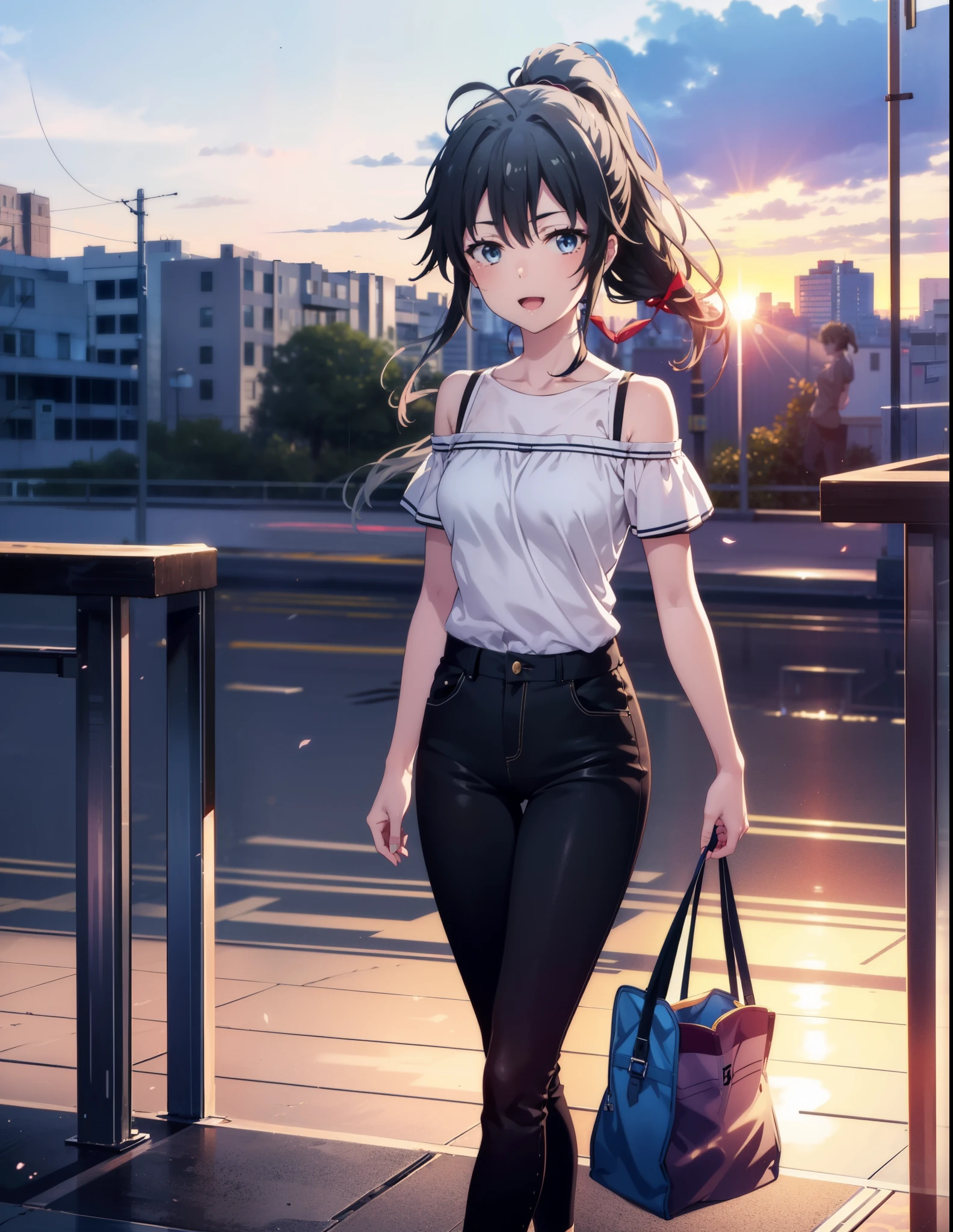 yukinoyukinoshita, yukino yukinoshita, Black Hair, blue eyes, Long Hair, Ahoge,ponytail,happy smile, smile, Open your mouth,Cold shoulder tops,Short sleeve,skinny pants,Stiletto heels,Walking,morning,morning陽,The sun is rising,whole bodyがイラストに入るように,
break outdoors, In town,Building district,
break looking at viewer, whole body,
break (masterpiece:1.2), highest quality, High resolution, unity 8k wallpaper, (figure:0.8), (Beautiful fine details:1.6), Highly detailed face, Perfect lighting, Highly detailed CG, (Perfect hands, Perfect Anatomy),