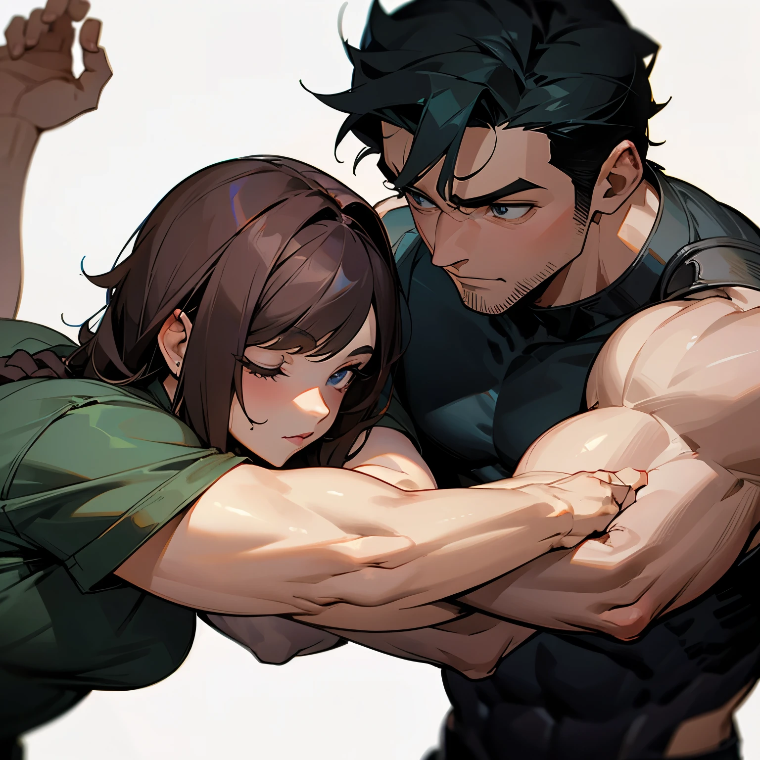 A woman touches a man who is posing to make a bicep