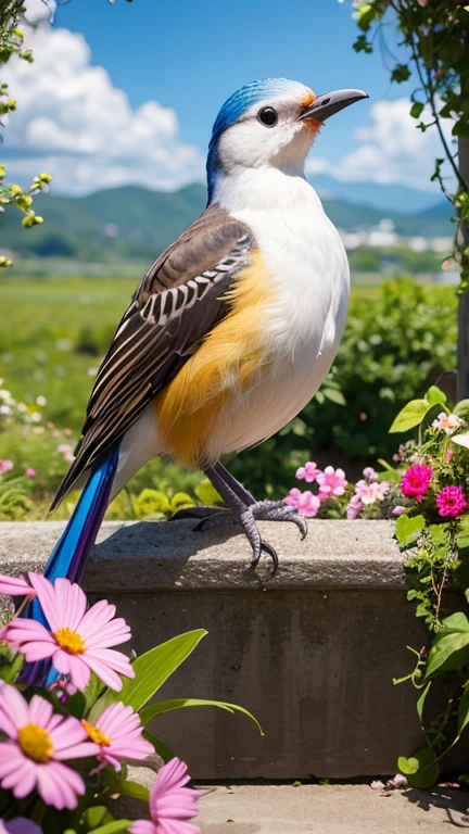 the most beautifull  mult color bird in the world, 8k in nature flowers garden