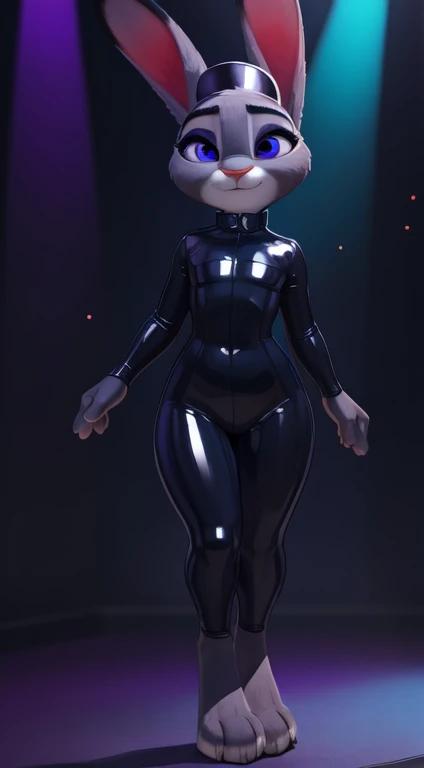 [Judy hopps; Zootopia], [Uploaded to e621.net; (Pixelsketcher), (wamudraws)], ((masterpiece)), ((solo portrait)), ((full body)), ((front view)), ((feet visible)), ((furry; anthro)), ((detailed fur)), ((detailed shading)), ((beautiful render art)), ((cinematic lighting)), {anthro bunny; super detailed fur, cute indigo eyes, (indigo eyeshadow), (gowling eyes) (((make-up))), bunny ears, frown, (expressionless), bunny tail, (beautiful legs), (beautiful feet), (gorgeous hips)}, {(black latex), normal size , (sexy latex outfit), (smiling), (cute)}, {(strip dancing:1.2)}, [background; (silhouette crowd in background), (club), (lights), (edm club), (dance floor)], using a Dor-15 bowler hat, full body image