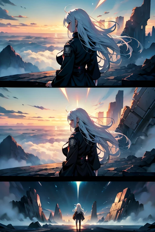 Girl with long white hair stopping the end of the world, manga page with panels and dialogue