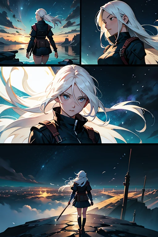 Girl with long white hair stopping the end of the world, manga page with panels and dialogue