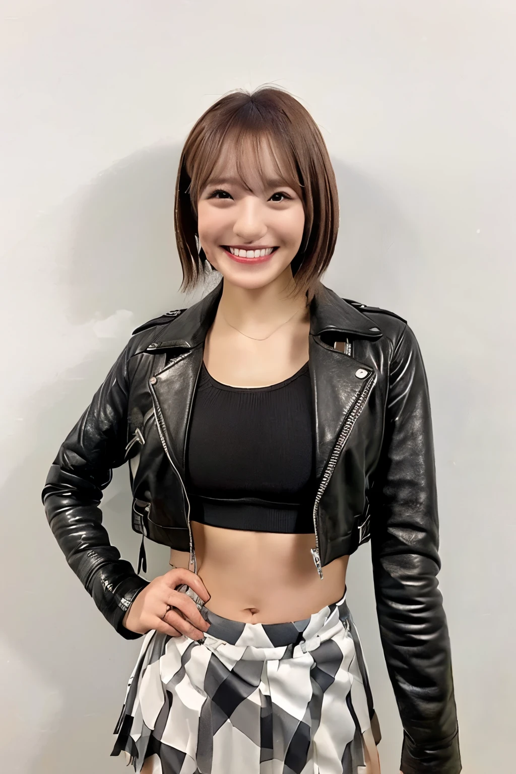 Brown Hair、short hair、With bangs、smile、The body is slim、Black leather jacket(White inner sports bra)、Checkered pleated skirt、Knee-high boots、In front of a white background