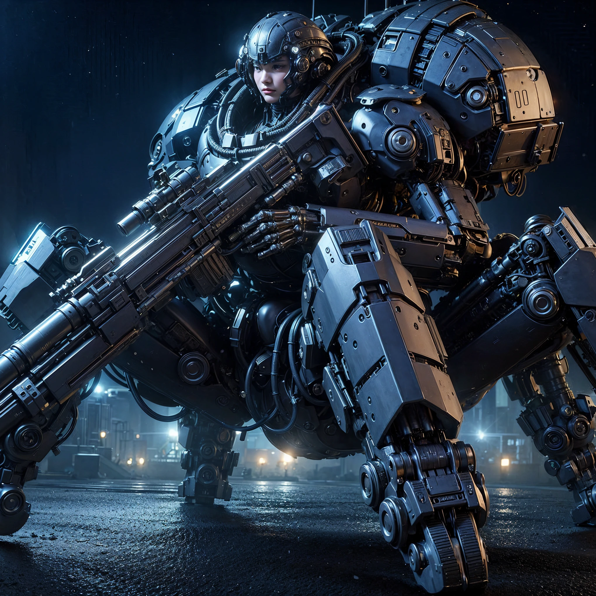(extremely intricate all details)、(extremely realistic all Texture) 、glossy Texture、Navy blue heavy mechanical armor resembling a pillbug, designed by Hajime Katoki、1 person、Beautiful female soldier、Multi-legged、Heavyweight、Heavy Armor、Firearms、Ultra-realistic、Full Body Shot、Night view of the bayside industrial area、Spotlight lighting to illuminate characters、Please generate at least 4 copies.