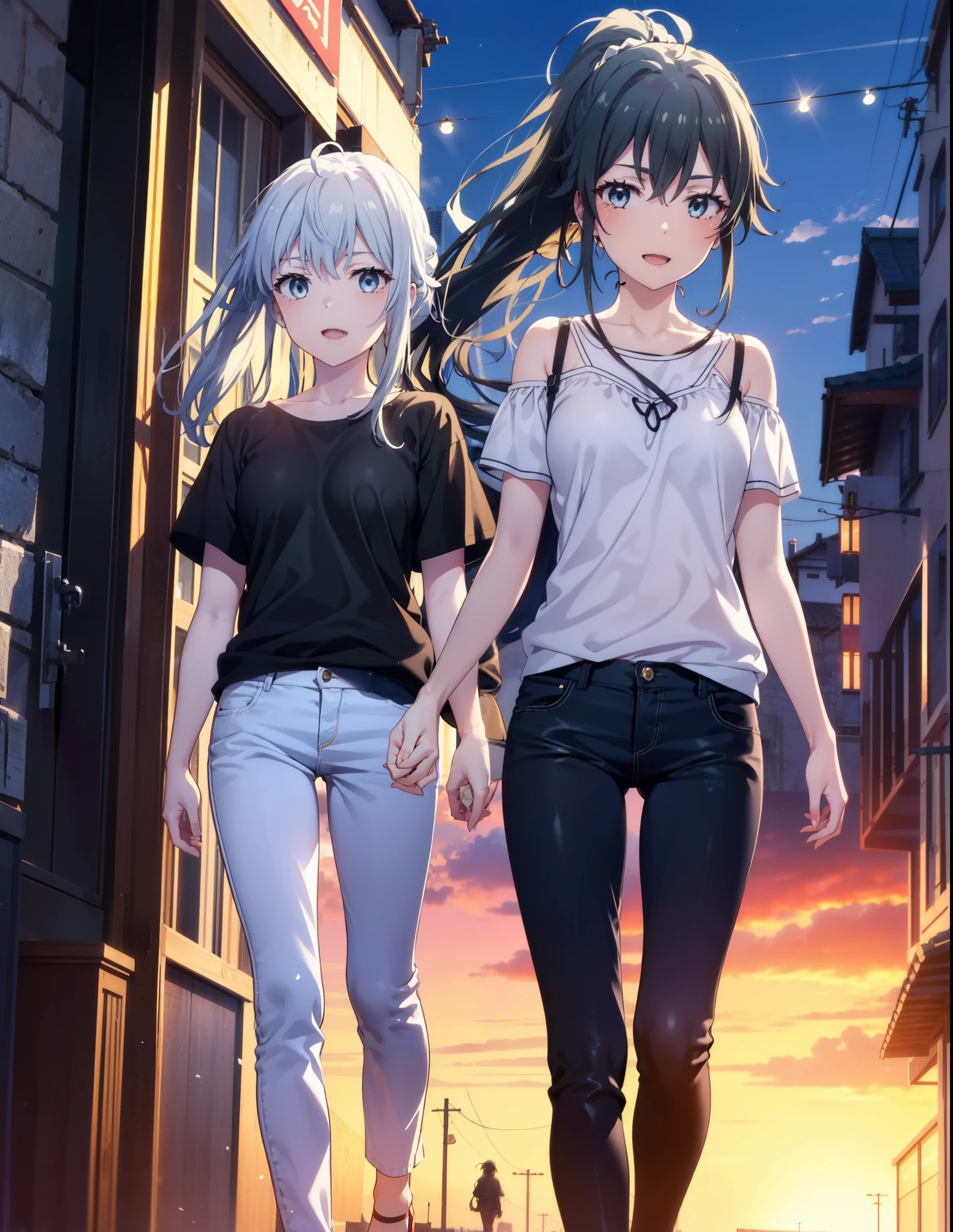 yukinoyukinoshita, yukino yukinoshita, Black Hair, blue eyes, Long Hair, Ahoge,ponytail,happy smile, smile, Open your mouth,Cold shoulder tops,Short sleeve,skinny pants,Stiletto heels,Walking,morning,morning陽,The sun is rising,whole bodyがイラストに入るように,
break outdoors, In town,Building district,
break looking at viewer, whole body,
break (masterpiece:1.2), highest quality, High resolution, unity 8k wallpaper, (figure:0.8), (Beautiful fine details:1.6), Highly detailed face, Perfect lighting, Highly detailed CG, (Perfect hands, Perfect Anatomy),