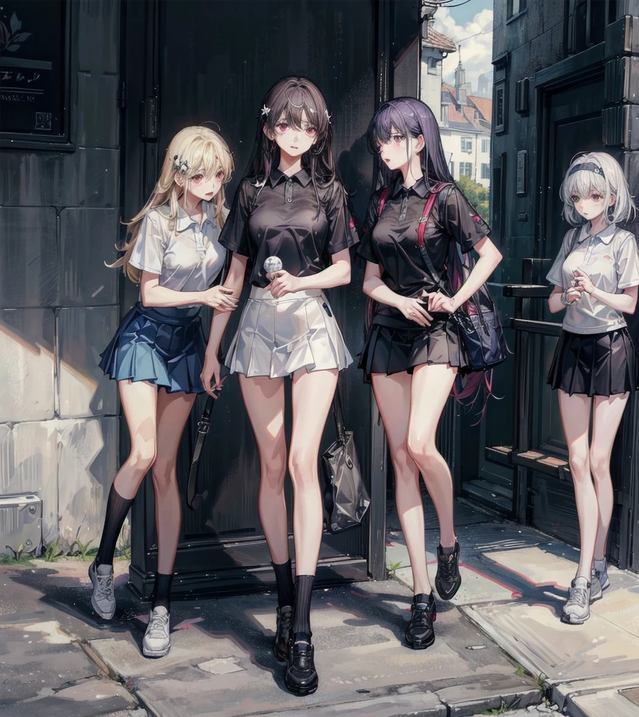 ((((yuri)))), ((((3 girls)))), absurdres, RAW photo, extremely delicate and beautiful, masterpiece, Best Quality, ultra high resolution, 32k, hyperrealistic, ultra-detailed, detailed description, perfect figure, perfect shape, perfect anatomy, pale skin, 20 years old, detailed beautiful face and eyes, tearful mole, earring, short medium hair, wavy hair, medium tits, tennis uniform, polo shirt, tight mini skirt,