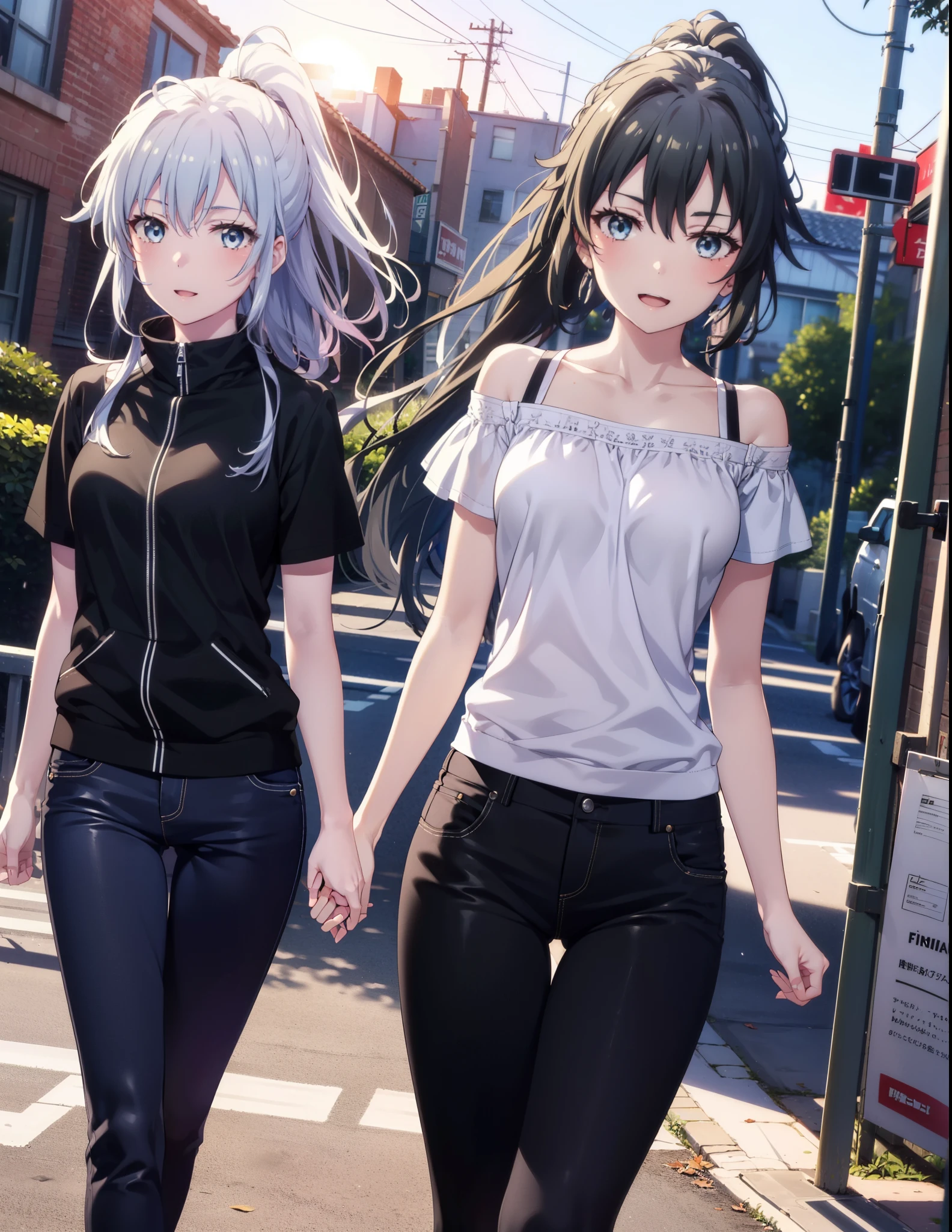 yukinoyukinoshita, yukino yukinoshita, Black Hair, blue eyes, Long Hair, Ahoge,ponytail,happy smile, smile, Open your mouth,Cold shoulder tops,Short sleeve,skinny pants,Stiletto heels,Walking,morning,morning陽,The sun is rising,whole bodyがイラストに入るように,
break outdoors, In town,Building district,
break looking at viewer, whole body,
break (masterpiece:1.2), highest quality, High resolution, unity 8k wallpaper, (figure:0.8), (Beautiful fine details:1.6), Highly detailed face, Perfect lighting, Highly detailed CG, (Perfect hands, Perfect Anatomy),