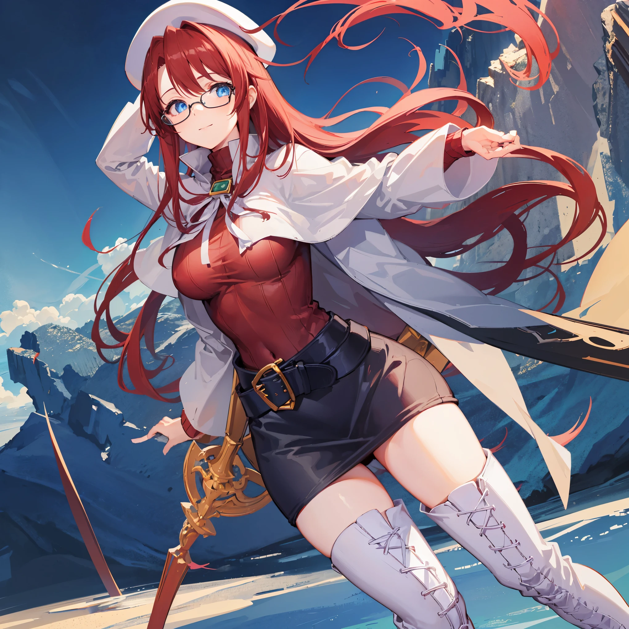 summonnightaty, aty, (young:1.3),long hair, blue eyes, red hair, big_berets, hat, glasses,
BREAK long hair, thighhighs, hat, dress, naked_legs, glasses, belt, cape, sweater, zettai ryouiki, beret, thigh boots, white footwear, ribbed sweater, loose belt,solo,
BREAK outdoors, fantasy,on_beach,
,Highquality_hads,perfect_fingers,
BREAK (masterpiece:1.2), best quality, high resolution, unity 8k wallpaper, (illustration:0.8), (beautiful detailed eyes:1.6), extremely detailed face, perfect lighting, extremely detailed CG, (perfect hands, perfect anatomy),covered_nipples,covered_navel ,half_eyes,long_sword,sleepy,standing,red_sweater,apart_knees,magical_effect,spread_legs, have_a_book,teacher,rise_knee,Smile,rise_hand,look_down_viewer,spread_arms,sea_waves,looking_into,blue_sky,sitting