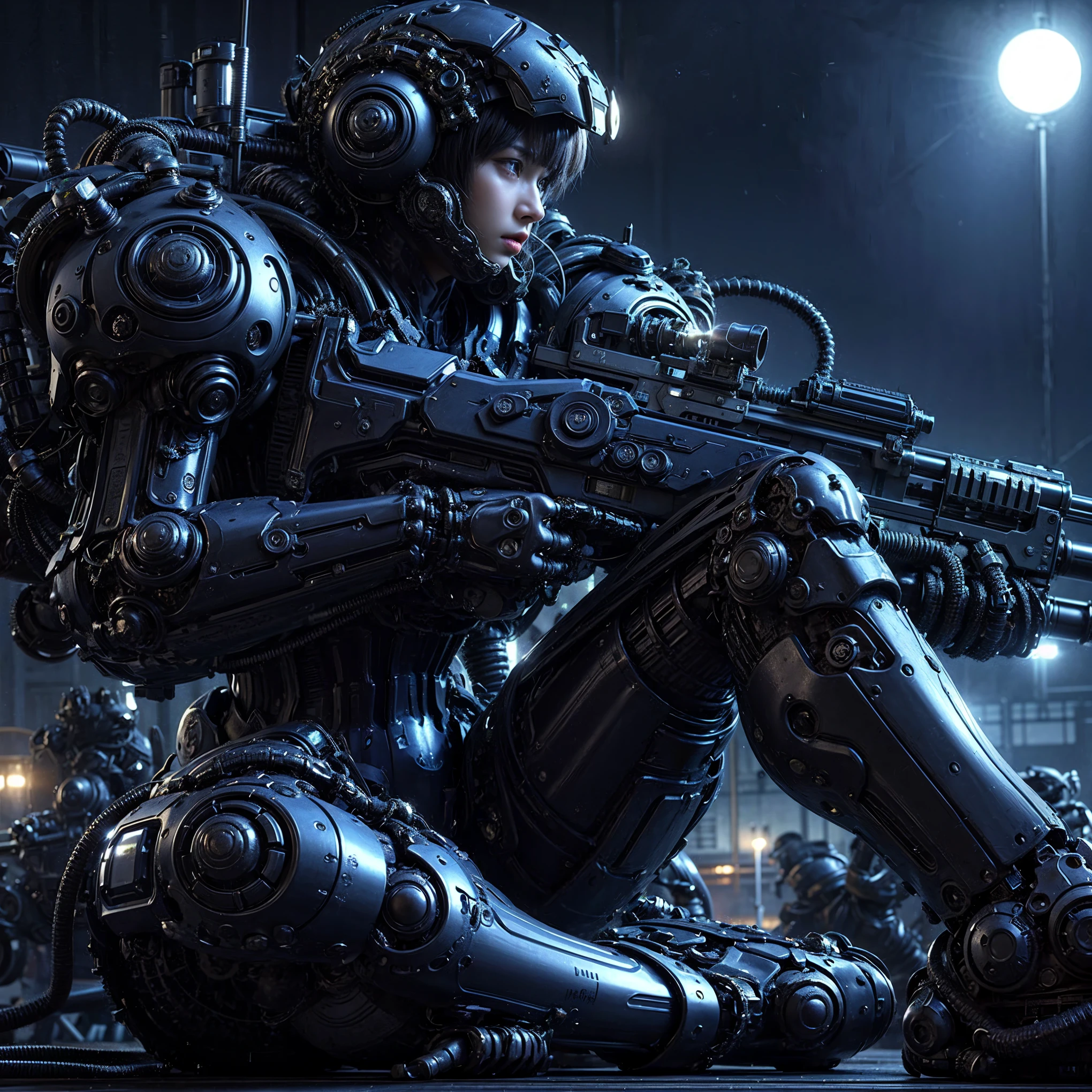 (extremely intricate all details)、(extremely realistic all Texture) 、glossy Texture、Navy blue heavy mechanical armor resembling a pillbug, designed by Hajime Katoki、1 person、Beautiful female soldier、Multi-legged、Heavyweight、Heavy Armor、Firearms、Ultra-realistic、Full Body Shot、Night view of the bayside industrial area、Spotlight lighting to illuminate characters、Please generate at least 4 copies.