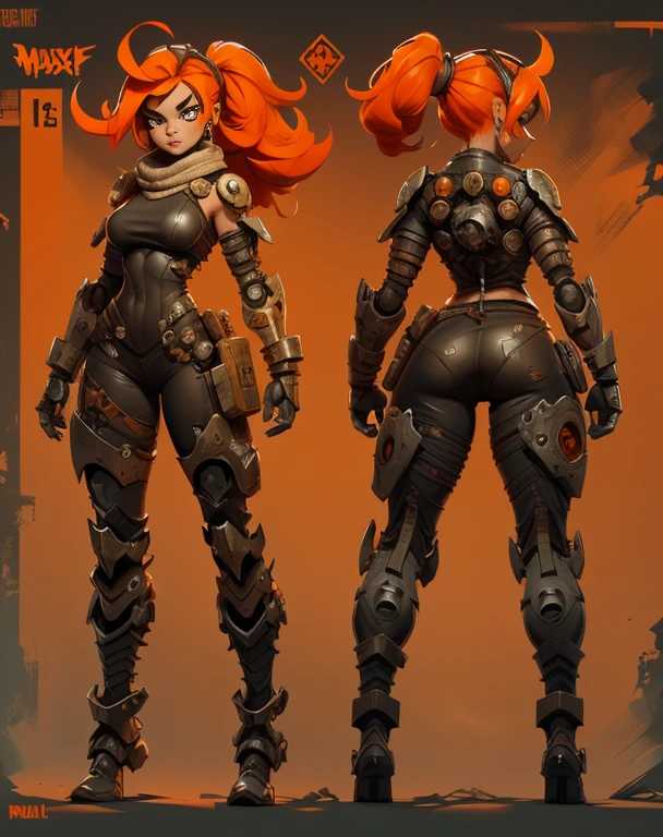 Skull girl art work, game concept, character sheet, mad max furiosa, one hand robot, cyborg arm, orange hair