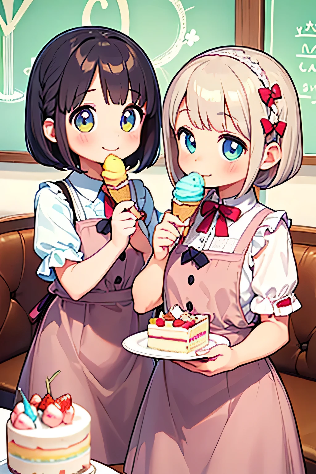 highest quality、High resolution、Detailed Background、(Beautiful face in every detail:1.4)、Anatomically correct、(Detailed facial expressions)、(Detailed eyes:1.2)、(Detailed eyes:1.2)、age beauty、(Three Women)、(Highly detailed face:1.4)、cute hair color、Braided bob cut、Braided Ponytail、cute hairstyle、well-groomed eyebrows、Happy expression、A big smile、laughing、smile、A fun atmosphere、Cowboy Shot、Show upper body、
(Two girls eating ice cream and cake in a cute cafe:1.5)、
Ruffled or lace blouses、Bowtie camisole、flare skirt、Culottes with ribbon、Ribbon and flower motif hair accessories、
Choose sweet colors and designs、A neat and cute atmosphere、cute