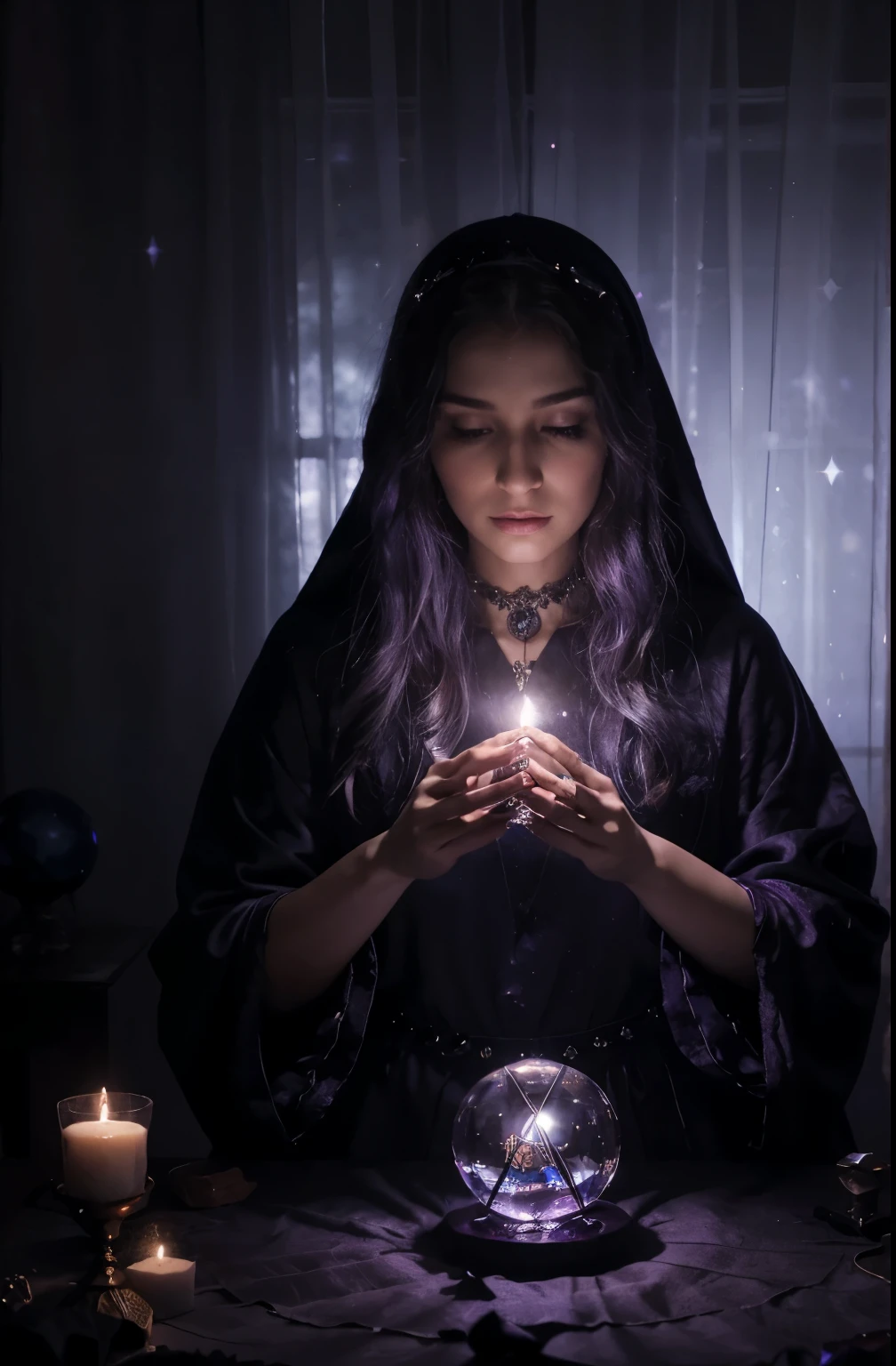 A mystical image of a fortune teller gazing into a crystal ball. The setting is a dark, mysterious room lit by candlelight. The fortune teller, wearing flowing garments adorned with mystical symbols, is intensely focused on the glowing crystal ball on the table. The table is covered with a rich, velvet cloth, and surrounded by tarot cards, ancient books, and crystals. The background shows heavy drapes and a starry sky through the window. The color palette features deep purples, midnight blues, and sparkling silvers.