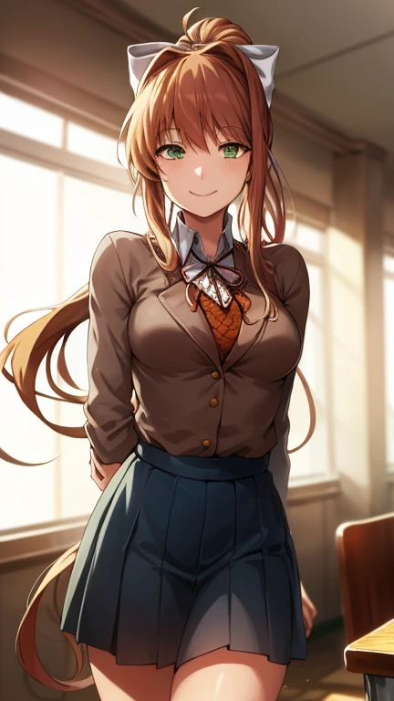 2d, masterpiece, best quality, anime, highly detailed, cowboy shot, 1girl, solo, monika, green eyes, very long hair, ponytail, , standing, leaning forward, arms behind back, smile, classroom