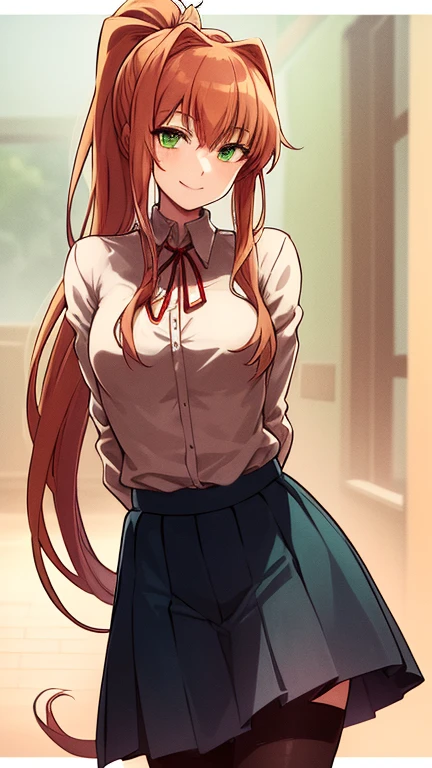 2d, masterpiece, best quality, anime, highly detailed, cowboy shot, 1girl, solo, monika, green eyes, very long hair, ponytail, , standing, leaning forward, arms behind back, smile, classroom 