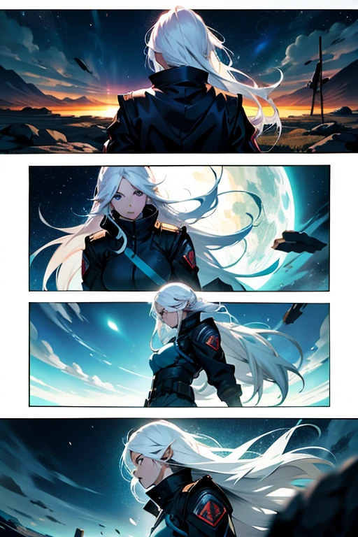 Girl with long white hair stopping the end of the world fighting, manga page with panels and dialogue