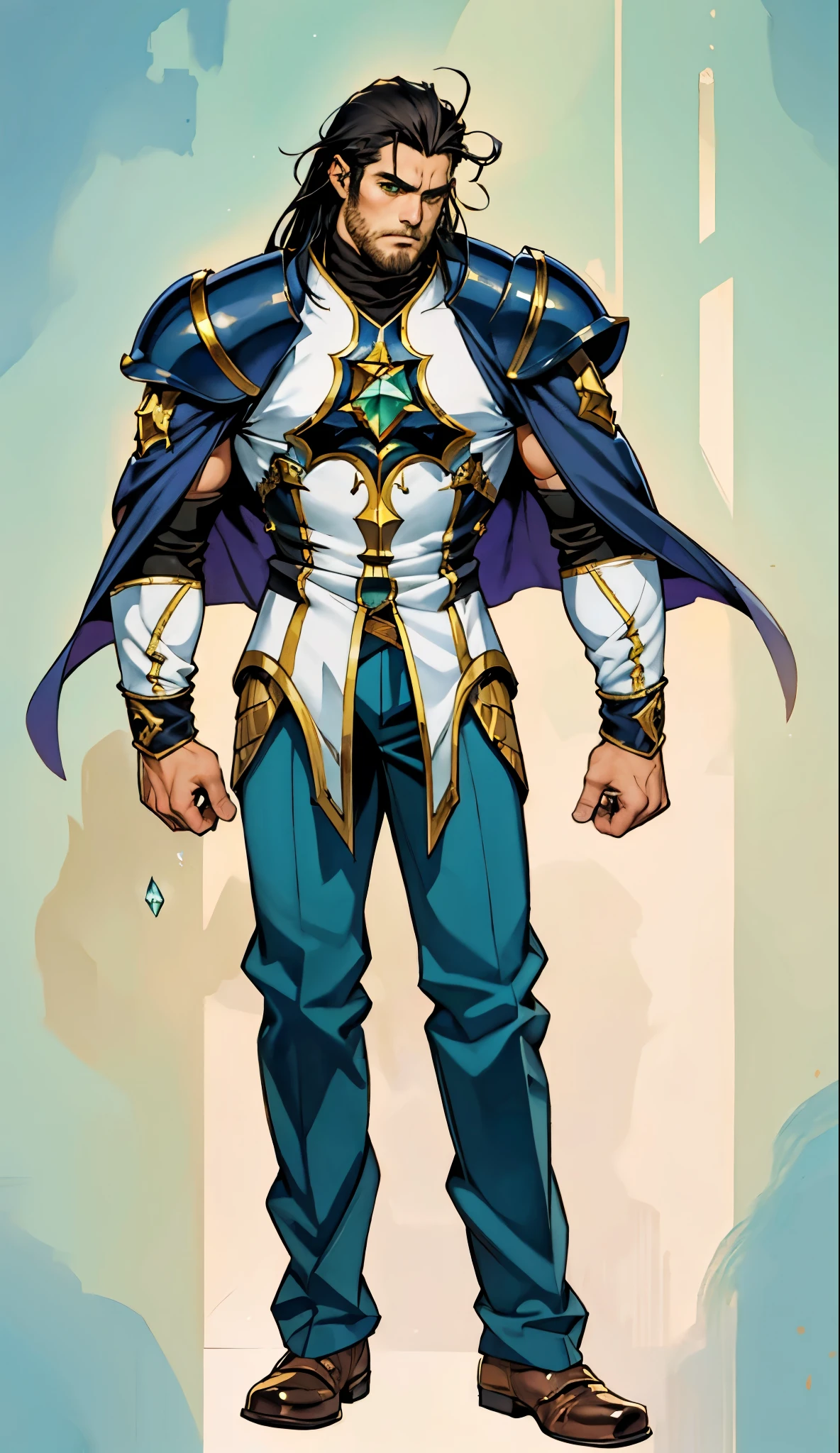 A middle-aged man with long black hair, a metal forehead protector, large triangular eyes, square stubble, a dignified expression, a long face, a dignified expression, a tall physique, a luxurious fantasy-style coat adorned with golden patterns and a green crystal in the center, wide short sleeves, metal wrist guards, two-tone linen trousers, thick cloth shoes, the backdrop of a completely black fantasy-style fortress, this character embodies a finely crafted fantasy-style overlord in anime style, exquisite and mature manga art style, dramatic, high definition, best quality, highres, ultra-detailed, ultra-fine painting, extremely delicate, professional, perfect body proportions, golden ratio, anatomically correct, symmetrical face, extremely detailed eyes and face, high quality eyes, creativity, RAW photo, UHD, 32k, Natural light, cinematic lighting, masterpiece-anatomy-perfect, masterpiece:1.5