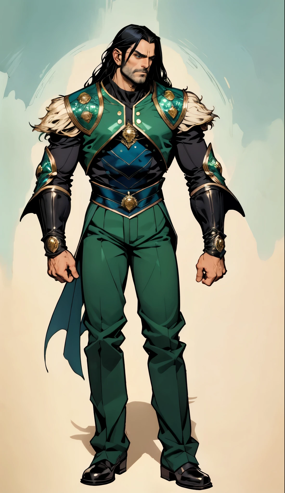 A middle-aged man with long black hair, a metal forehead protector, large triangular eyes, square stubble, a dignified expression, a long face, a dignified expression, a tall physique, a luxurious fantasy-style coat adorned with golden patterns and a green crystal in the center, wide short sleeves, metal wrist guards, two-tone linen trousers, thick cloth shoes, the backdrop of a completely black fantasy-style fortress, this character embodies a finely crafted fantasy-style overlord in anime style, exquisite and mature manga art style, dramatic, high definition, best quality, highres, ultra-detailed, ultra-fine painting, extremely delicate, professional, perfect body proportions, golden ratio, anatomically correct, symmetrical face, extremely detailed eyes and face, high quality eyes, creativity, RAW photo, UHD, 32k, Natural light, cinematic lighting, masterpiece-anatomy-perfect, masterpiece:1.5