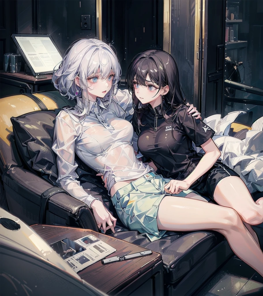 ((((yuri)))), ((((3 girls)))), absurdres, RAW photo, extremely delicate and beautiful, masterpiece, Best Quality, ultra high resolution, 32k, hyperrealistic, ultra-detailed, detailed description, perfect figure, perfect shape, perfect anatomy, pale skin, 20 years old, detailed beautiful face and eyes, tearful mole, earring, short medium hair, wavy hair, big tits, golf uniform, polo shirt, shorts,