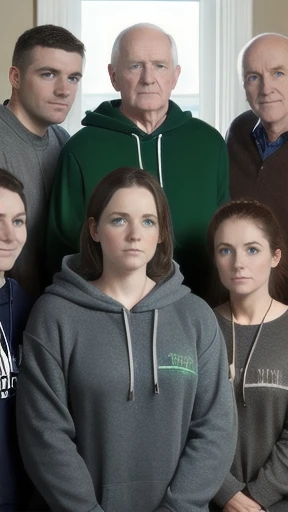 a group of Irish people in sweatshirts gathered, focus on faces.