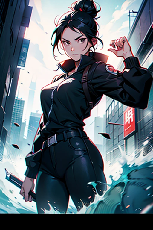 Girl with black hair in a bun stopping the end of the world fighting, manga page with panels and dialogue