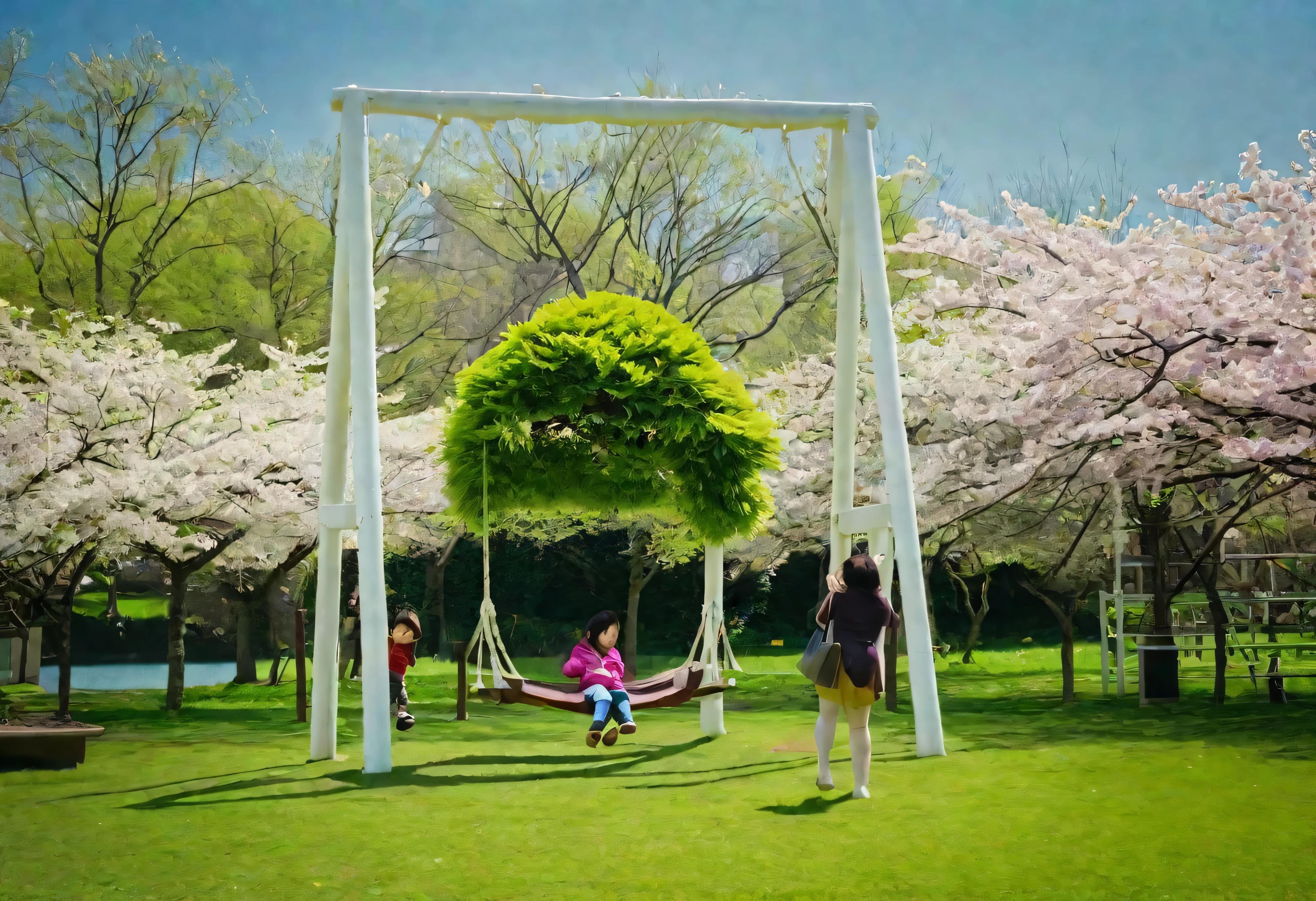Two people are playing in the park, Swing,Cherry blossoms bloom in the background,Green grass on the ground