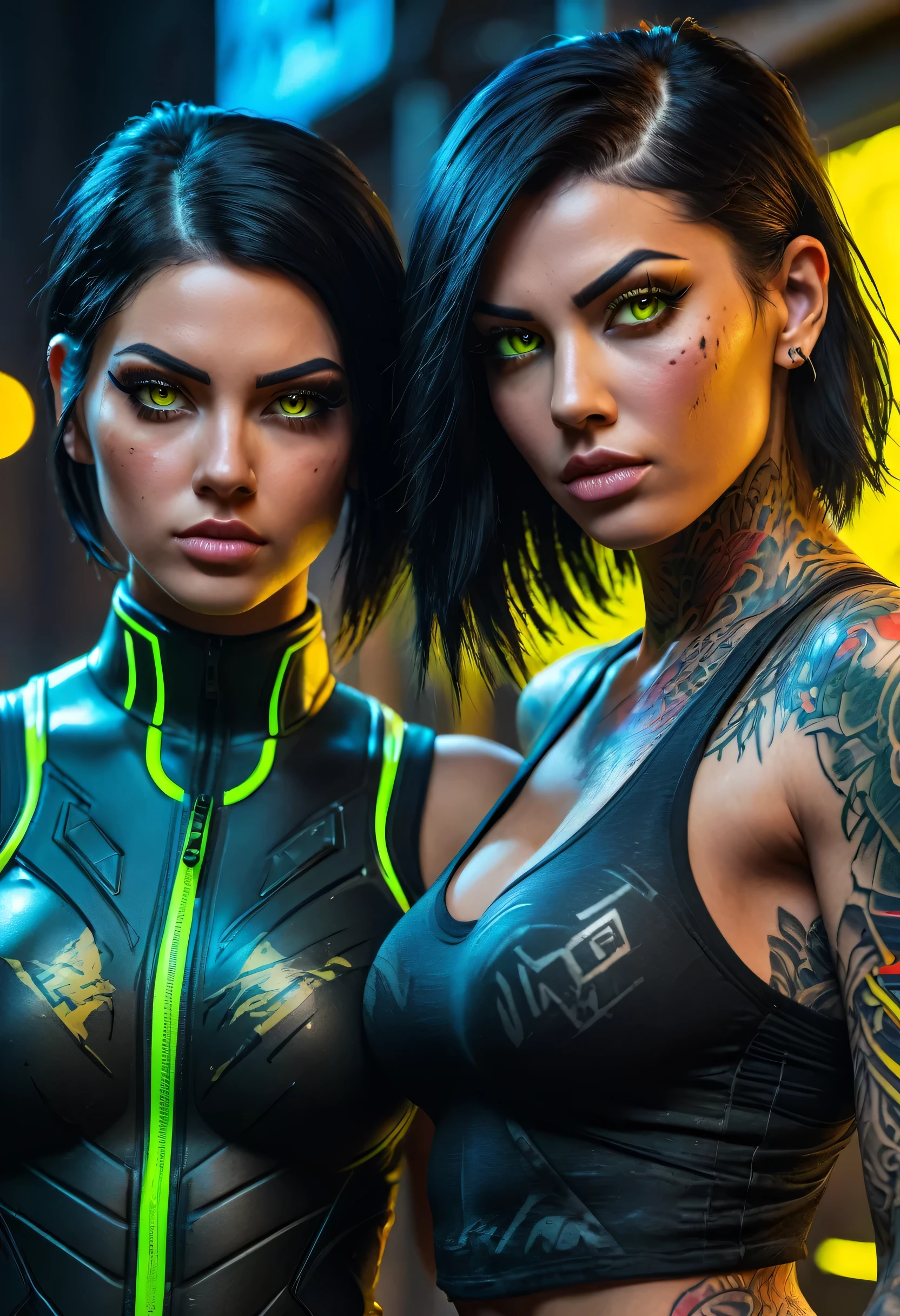 a sexy posed 2 girls, one tall muscular girl with 80% of body covered in tattoos, long black hair, neon yellow eyes, the other short haired girl with scars on body, call of duty neon war scene, (best quality,4k,8k,highres,masterpiece:1.2),ultra-detailed,(realistic,photorealistic,photo-realistic:1.37),extremely detailed eyes and face,longeyelashes,intricate details,dynamic lighting,vivid neon colors,cinematic composition