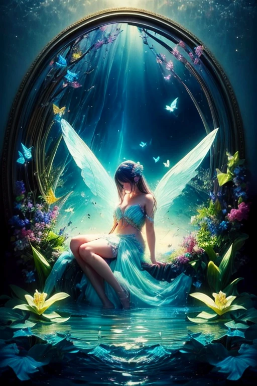 Lonely butterfly with soft wings.  Water and flowers and lilies.  Gorgeous color.  High resolution. Beautiful.  Sharp focus.  32k.  Masterpiece art.