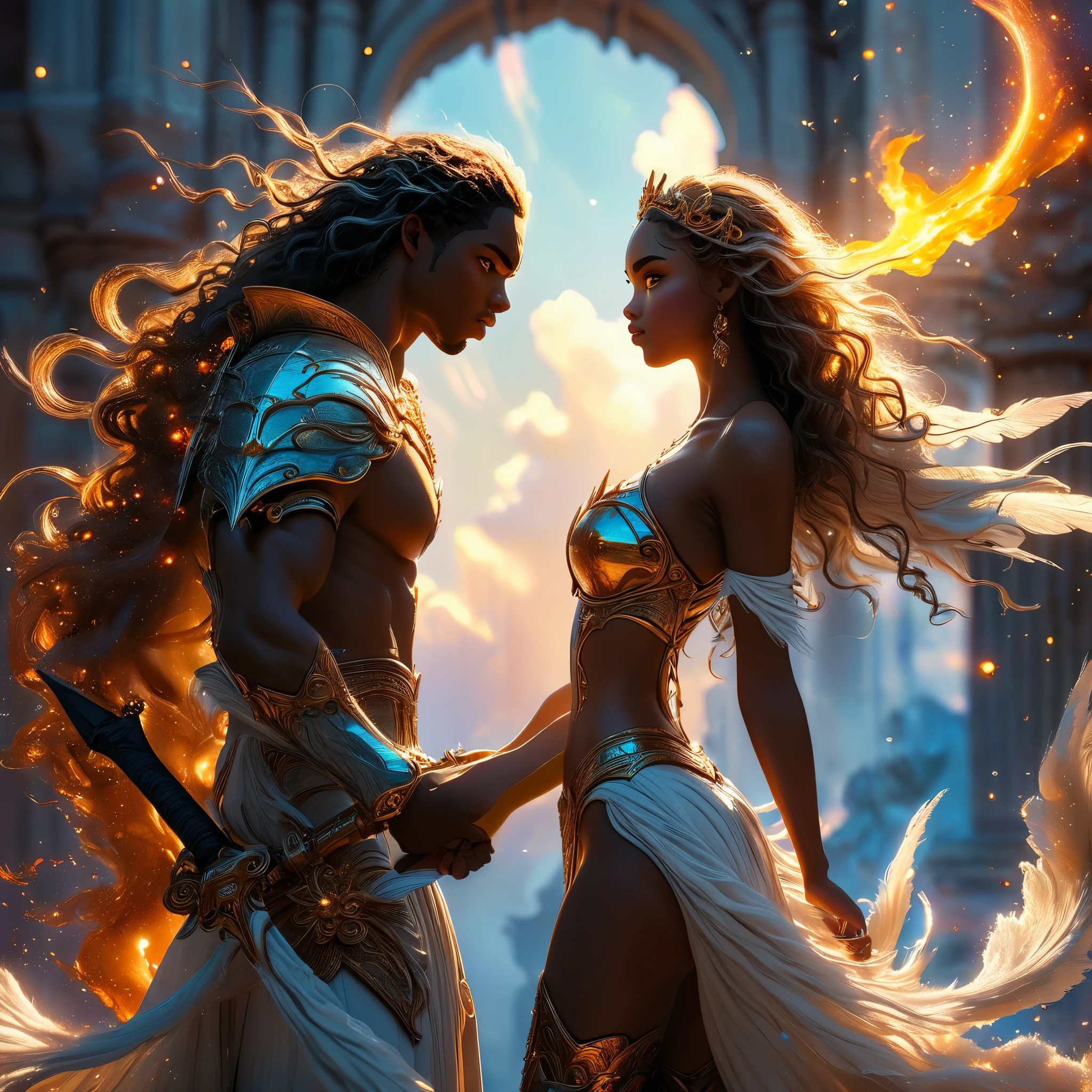 duo of warrior in a celestial landscape, young dark-skinned duo in their 20s, in hell, they are fighting each other, he is a prince of the fallen angels with long curly caramel hair, she is a mixed-race princess, she has freckles, she is blonde with grey eyes, Full body, 8K, extremely detailed, high quality, (photorealistic:1.37), Full body, ideal proportions and defined complexion, meticulously crafted features, unreachable beauty, perfection, breathtaking elegance, g curves, goddess-like figures, divine symmetry, artistic masterpieces, vivid realism, hyper-detailed sculptures, life-like forms, truly awe-inspiring, impeccable craftsmanship, pure radiance, ethereal beauty, delicate contours, striking poses, sublime beauty, subtle nuances, dynamic compositions, vibrant colors, perfect lighting, soulful expressions, celestial aura, majestic presence, dreamlike atmosphere, unmatched gdetailed octane render trending on artstation, 8 k artistic photography, photorealistic concept art, soft natural volumetric cinematic perfect light, chiaroscuro, award - winning photograph, masterpiece, perfect composition, beautiful detailed intricate insanely
