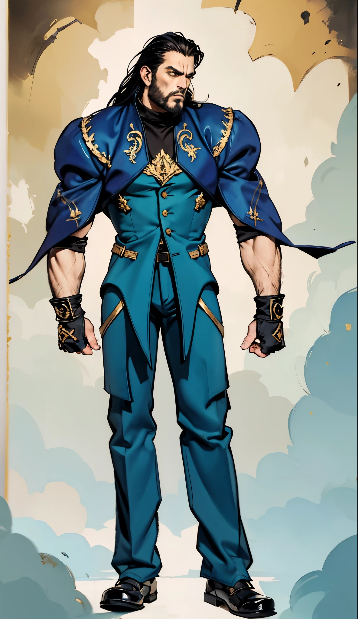 A middle-aged man with long black hair, a metal forehead protector, large triangular eyes, square stubble, a dignified expression, a long face, a dignified expression, a tall physique, a luxurious fantasy-style coat adorned with golden patterns and a green crystal in the center, wide short sleeves, metal wrist guards, two-tone linen trousers, thick cloth shoes, the backdrop of a completely black fantasy-style fortress, this character embodies a finely crafted fantasy-style overlord in anime style, exquisite and mature manga art style, dramatic, high definition, best quality, highres, ultra-detailed, ultra-fine painting, extremely delicate, professional, perfect body proportions, golden ratio, anatomically correct, symmetrical face, extremely detailed eyes and face, high quality eyes, creativity, RAW photo, UHD, 32k, Natural light, cinematic lighting, masterpiece-anatomy-perfect, masterpiece:1.5
